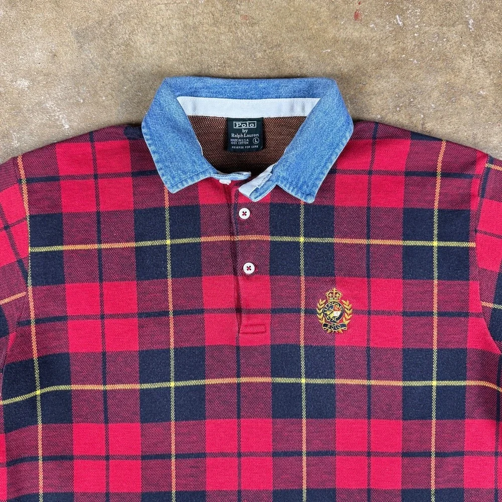 Vintage Ralph Lauren Plaid Polo Men's‎ L Red Black Chambray Crest Made in USA